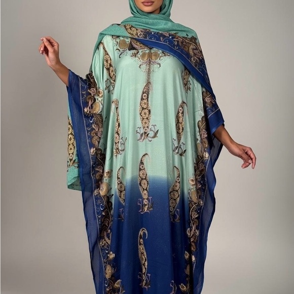 Elegant Blue and Green Kaftan - Picture 3 of 4